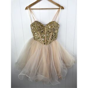 Dave & Johnny Tulle Corset Style Beaded Prom Dress Coquette Gold Size 3/4